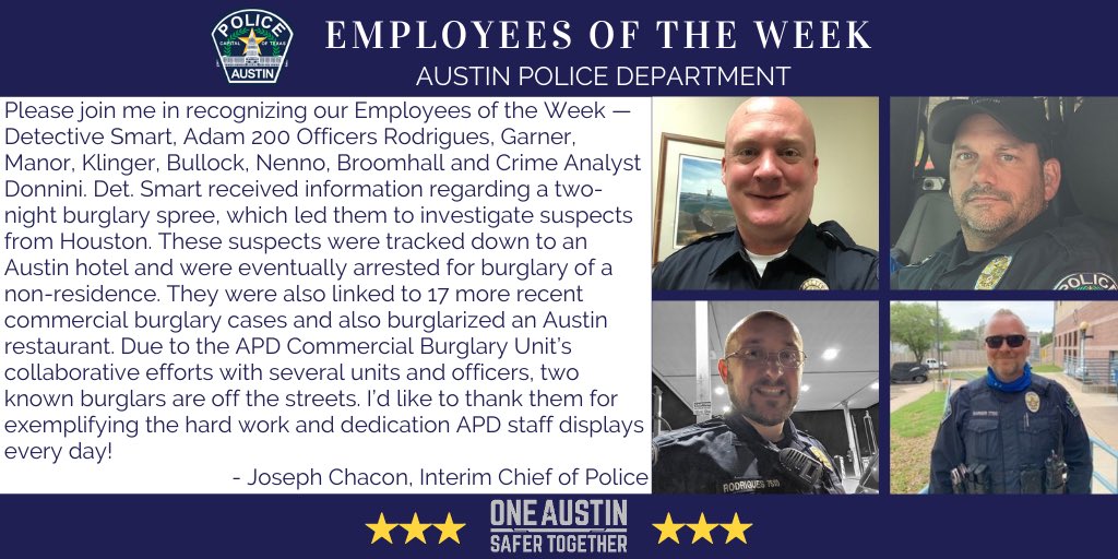Happy Friday, everyone. Please join me in recognizing our Employees of the Week — Detective Smart, Crime Analyst Donnini, as well as our Adam 200 Officers Rodrigues, Garner, Manor, Klinger, Bullock, Nenno and Broomhall! #OneAustinSaferTogether