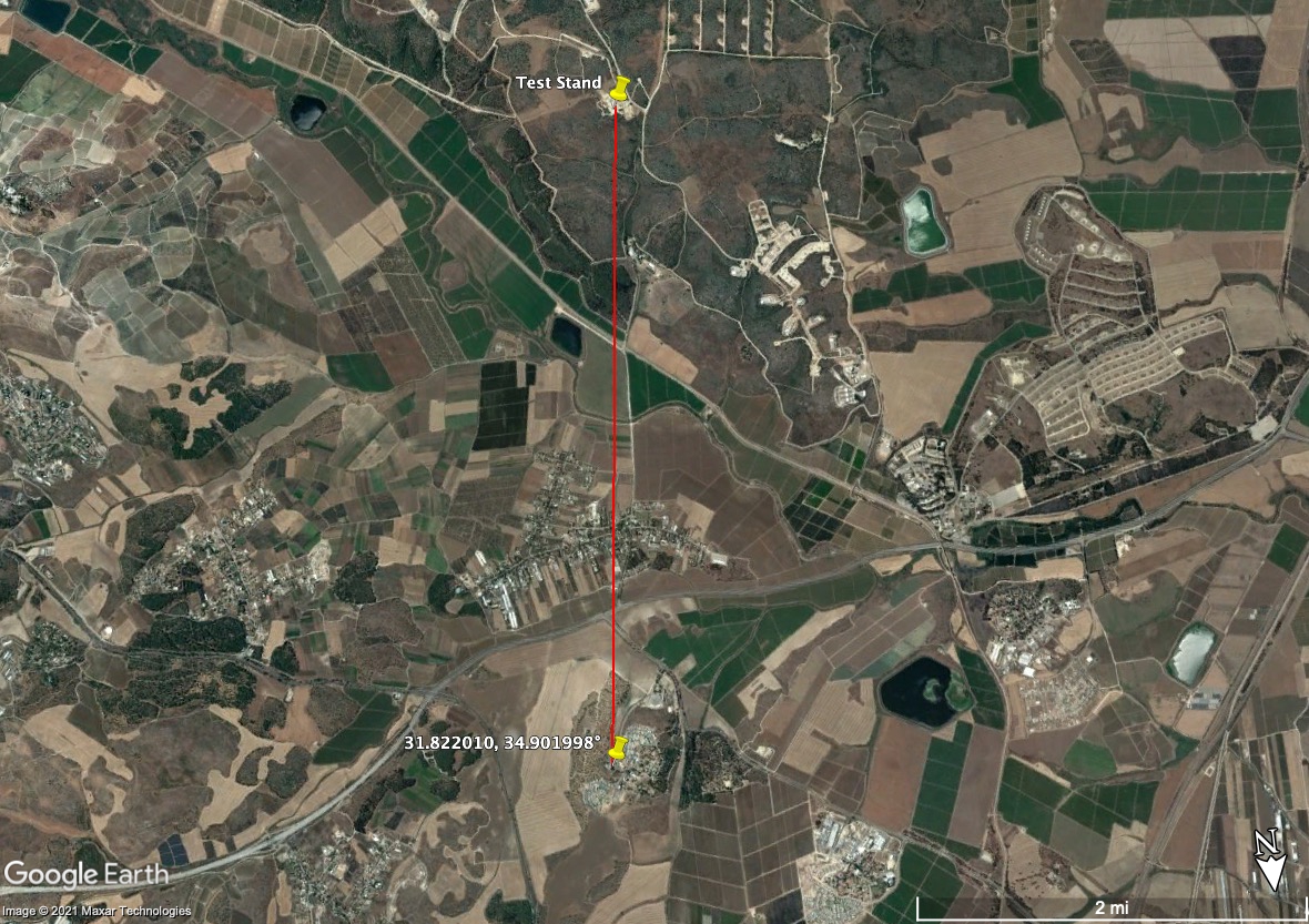 I also asked  @AramShabanian and  @ColdWarCrush to geolocate the video. After a little discussion,  @obretix pinned the spot as a kibbutz called Mishmar David (31.822, 34.902°) looking straight at the rocket motor test stand due south. (North is down in this image.)(8/12)