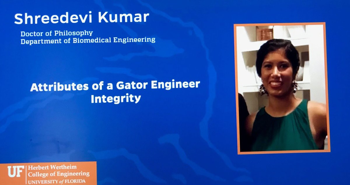 Shreedevi Kumar, Ph.D. candidate, received the Herbert Wertheim College of Engineering Attributes of a Gator Engineering Award for Integrity! <a href="/BlankaSharma/">Blanka Sharma</a> bme.ufl.edu/two-bme-studen…