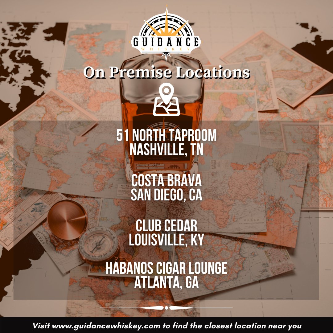 GuidanceWhiskey's tweet photo. Guidance Whiskey is proud to be served by the drink in these fine establishments. Pay them a visit next time you are in #NASHVILLE, #SANDIEGO, #LOUISVILLE or #ALANTA and tell them #GuidanceWhiskey sent ya! #tennesseewhiskey #iowawhiskey https://t.co/A0fG855Gux