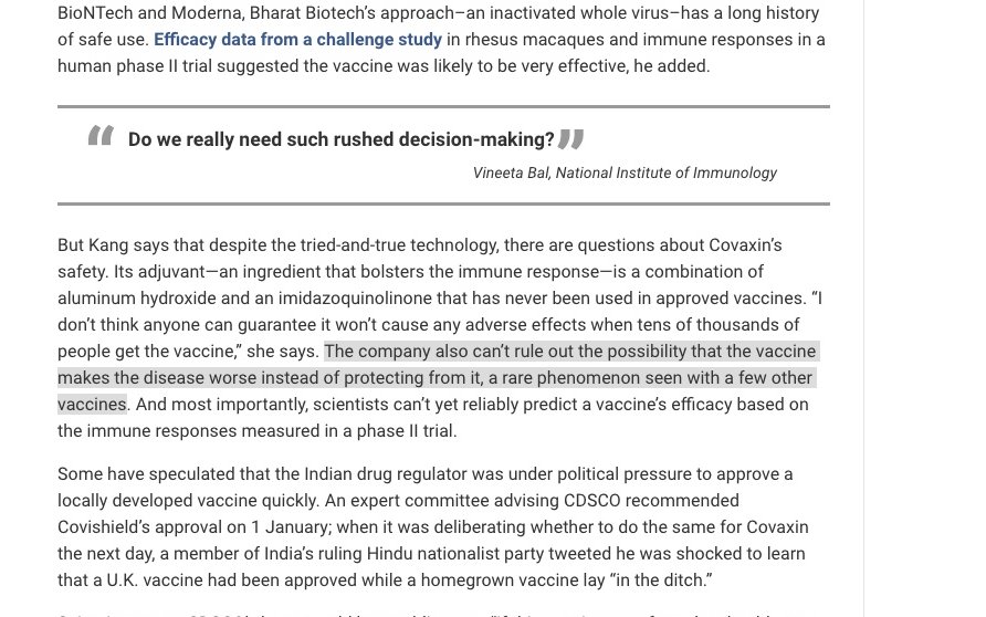 14./ Scientists point out the Bharat vaccine uses an adjuvant (a chemical meant to increase immune response) that's never been in a vaccine before. To approve it without Phase 3 trials is risky since it's not possible to rule out the adjuvant making symptoms worse not better.