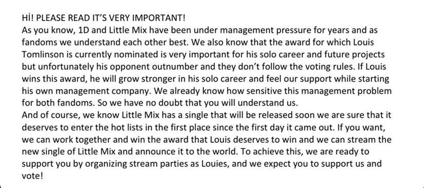 UpdatesbySun's tweet photo. Supports the initiative #LouiesXMixers To generate more votes and stream Little Mix.
English version

WAKE UP LOUIES
I vote #Louies for #BestFanArmy at the #iHeartAwards https://t.co/EQ3Ujlfq0v