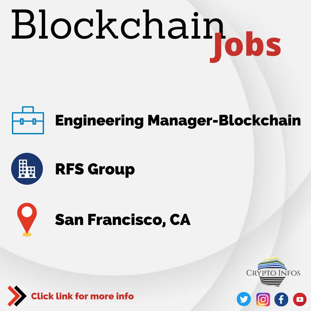 CryptoInfosEU's tweet image. ❗️NEW #Blockchain job at RFS Group.
👉Visit here:  jobs-partners.cryptoinfos.eu

#engineeringmanager #blockchainmanager  #reactdeveloper #blockchaindeveloper #fintech #fintechjobs  #blockchainjobs #bcjobs #cryptojobs #cryptocurrencyjobs #sanfrancisco #california