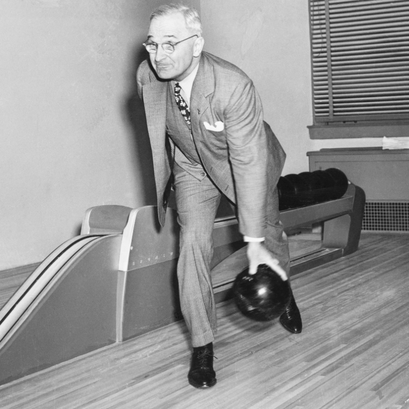 HISTORY's tweet photo. President Harry S. Truman officially opened the first White House bowling alley on #ThisDayInHistory in 1947. Truman did not use the alley much himself but supported a group of White House employees in forming a White House Bowling League in 1950.