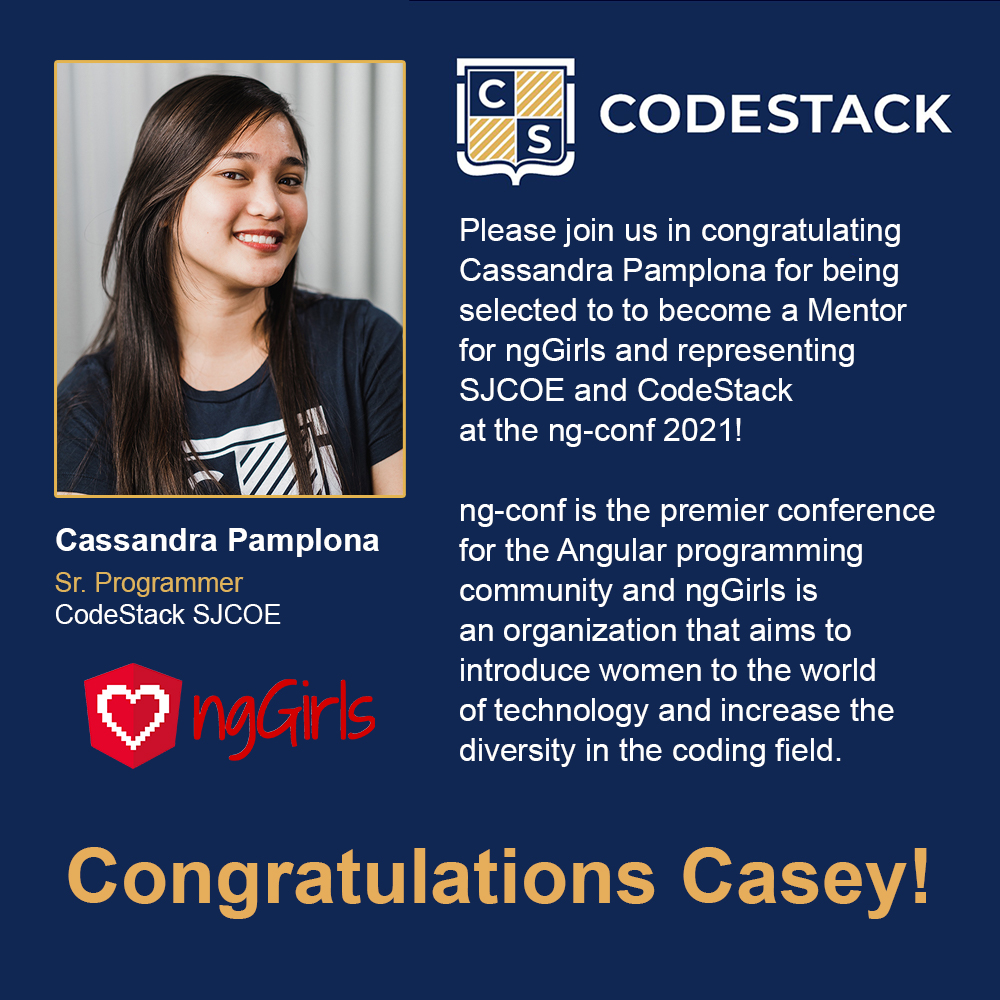 CodeStackStkn's tweet image. Please join us in congratulating Cassandra Pamplona for being selected to to become a Mentor for ngGirls and representing SJCOE and CodeStack at the ng-conf 2021!
@TheSJCOE  #CodeStack @AngularGirls  #angular #ngconf2021