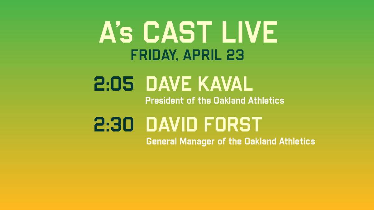 #AsCastLive will be streaming from 2-3pm w/ <a href="/townsendradio/">Chris Townsend</a> ahead of @athletics &amp; @orioles

GUESTS:
<a href="/DaveKaval/">Dave Kaval</a> 2:05
@athletics GM David Forst 2:30

athletics.com/AsCast 📻