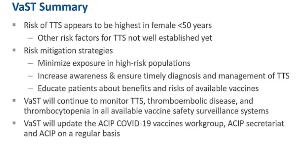 “The risk of TTS appears highest in females less than 50 years of age, and other risk factors for TTS are not yet well established”, says Grace Lee of Vaccine Safety technical work group and runs through risk mitigation strategies: