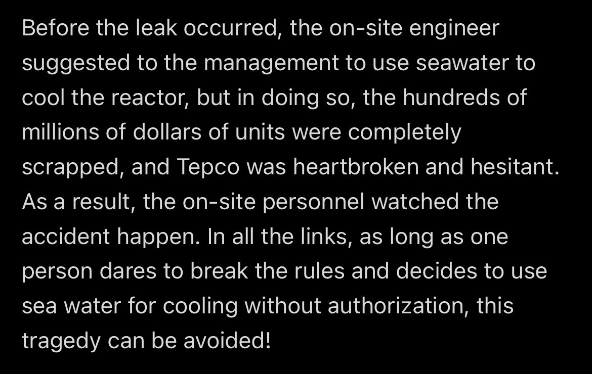 TL;DR: since back up power couldn’t be provided, after the battery ran out, the cores couldn’t be cooled and began to overheat. It was proposed that seawater could be injected to the cores to prevent a meltdown, but the whole plant would be scrapped. The company refused. 4/