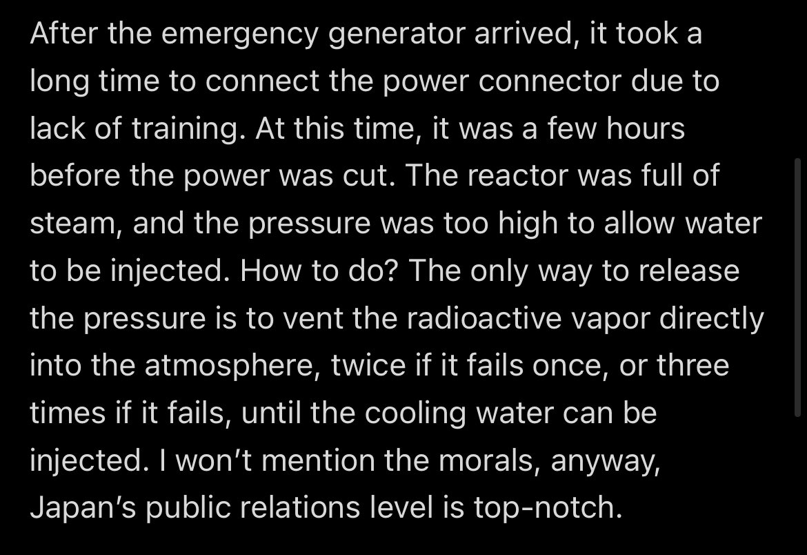 TL;DR: when finally back up power arrived, it was too little too late. The plant also did it have a hydrogen elimination system which is standard for this type of nuclear plants. (Again to save cost). Eventually the hydrogen led to the explosion. Rest is history. 5/