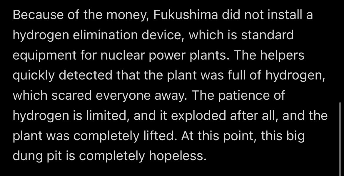 TL;DR: when finally back up power arrived, it was too little too late. The plant also did it have a hydrogen elimination system which is standard for this type of nuclear plants. (Again to save cost). Eventually the hydrogen led to the explosion. Rest is history. 5/