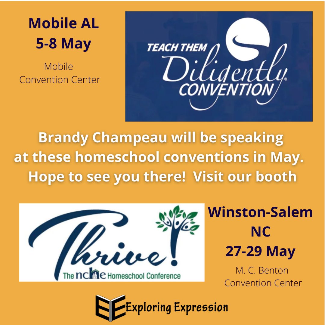 exexadmin's tweet image. We&apos;ll be attending several homeschool conventions this summer.  Here are the ones we will be at in May.  Brandy will be a presenter at both.  See you there!  bit.ly/3kPPJnC  #exploringexpression, #homeschool, #learningfun,  #learninglifestyle, # #k12education,
