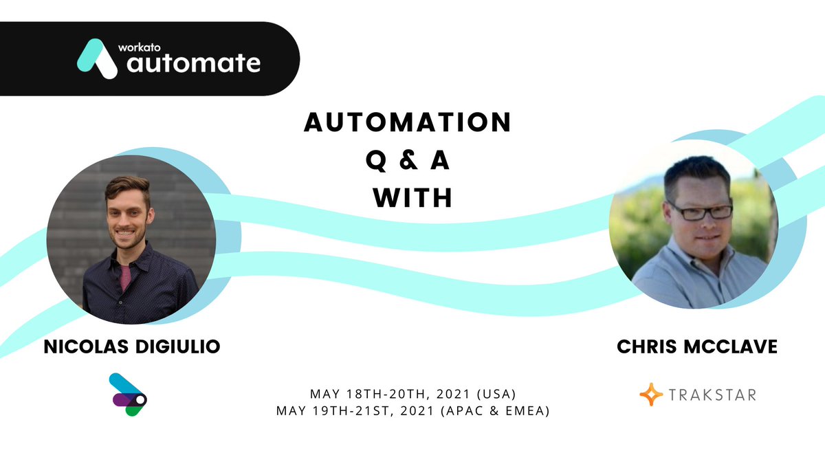 DispatchInt's tweet image. Join us at the @Workato Automate Conference from May 18th-May 20th! Our very own Nicolas DiGiulio will discuss the value of #automation with @trakstar_hr&apos;s CTO, Chris McClave. 

Register now &amp;amp; be the first to see our new automation videos: bit.ly/3nnfheI #WorkatoAutomate