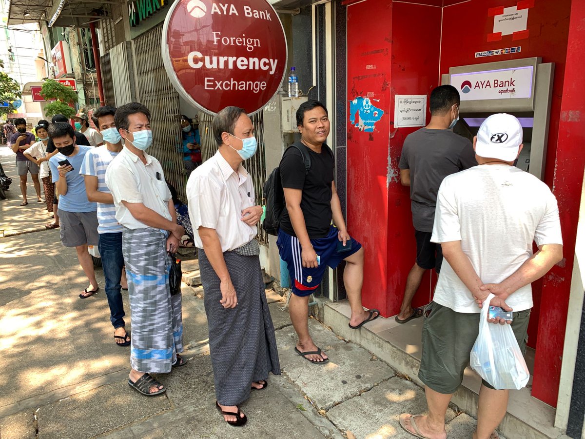 Most ATMs in Yangon are empty. Bank employees have boycotted work as part of the civil disobedience campaign. A few operational machines dispense only 50,000 kyat, about $35. 12/
