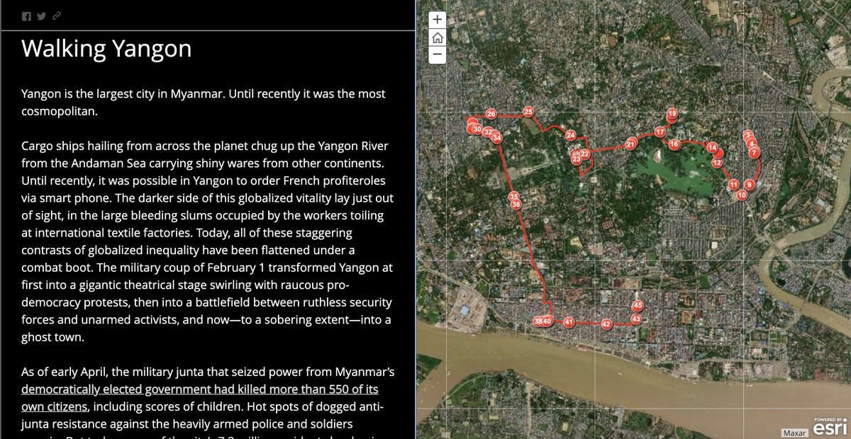 Walking the world is sometimes desolating as well as beautiful.  @PaulSalopek was in  #Yangon during the military coup. He + Burmese partners mapped a 10-mile path through the city in the aftermath. This thread is a small sample of what they saw. 1/Map:  https://bit.ly/2QQlLqj 