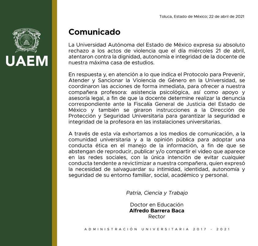 Si estás buscando el video de la maestra de la UAEM (UAEMéx), se ha solicitado dejar de difundir el video para evitar la revictimización. Varias cuentas siguen difundiéndolo a pesar de haber leído el comunicado. 
El morbo no es información. El morbo no es ayuda #activismo #LATIUM