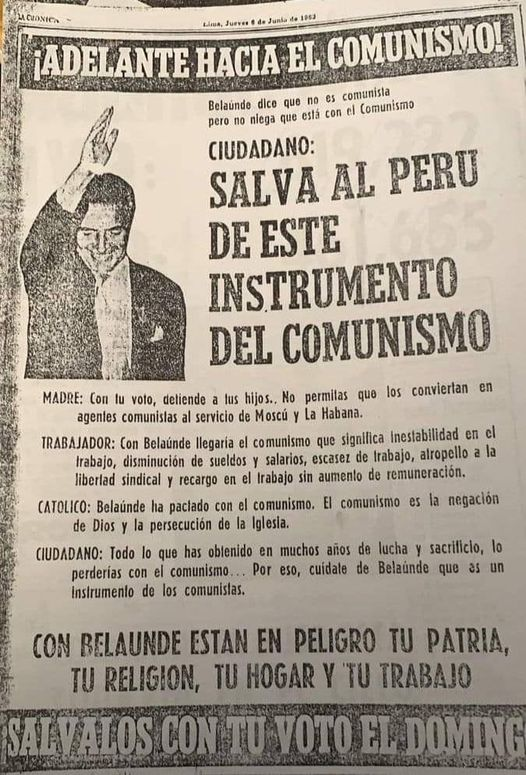 litolobo's tweet photo. Poco cambió el discurso conservador desde 1963. Siempre encontró "cucos". ¿Los argumentos? los mismos que en 2021. El cuento de Pedro y el Lobo (otro Pedro). Se la pasan metiendo miedo y cuando viene un radical de verdad ya no hace efecto.
"Defiende tu familia votando por Odría" https://t.co/m1Ucy6S2uQ