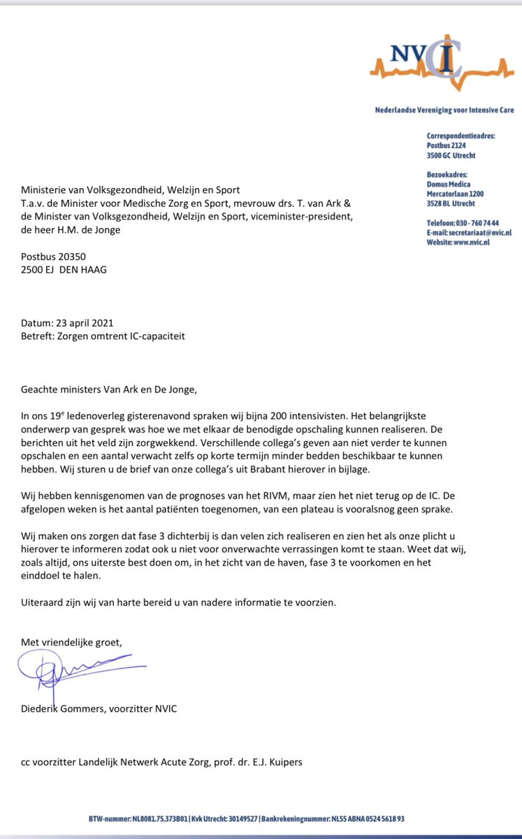 Breaking: officiële brief van de Nederlandse intensivisten aan de ministers van volksgezondheid “wij maken ons zorgen dat fase 3 (=code zwart, triage) dichterbij is dan velen zich realiseren...’  #COVID19NL #coronadebat #versoepelingen