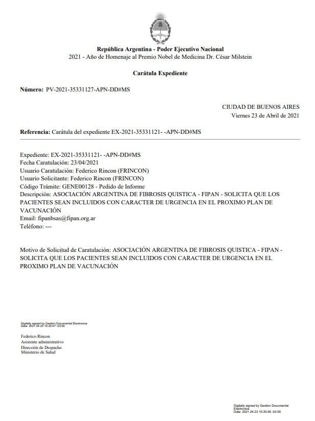 Desde el M° de Salud de la Nación, se abrió un Expte. ante el petitorio de nuestra Asociación, quedando a la pronta respuesta de la Sra. Ministra de Salud Dra. Carla Vizzotti
@msalnacion <a href="/RedArgentinaFQ/">RED Argentina De FQ</a> <a href="/carlavizzotti/">Carla Vizzotti</a> <a href="/alferdez/">Alberto Fernández</a>