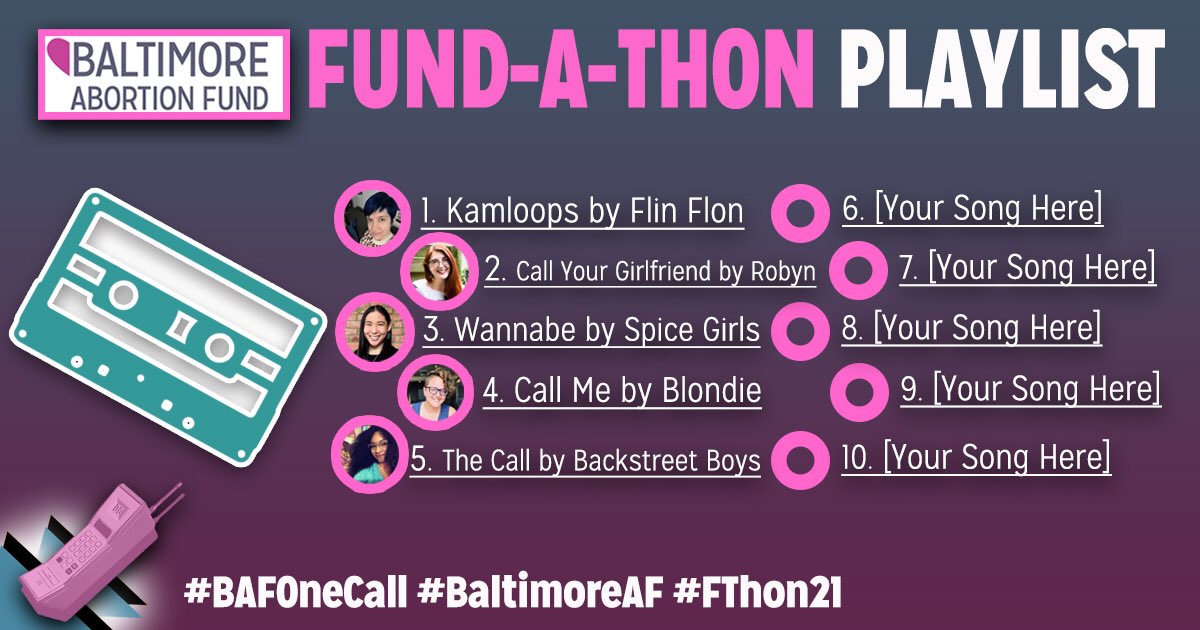 AbortionFundMD's tweet photo. Last week, we raffled off a song for our playlist &amp; we are excited to tell you that Ash won &amp; even more excited to tell you that she chose Backstreet Boys’ The Call! 🎶 📲 

This week’s challenge is for the team with the highest # of donors.

#BAFOneCall #FThon21 #BaltimoreAF https://t.co/HMDWGGxQQb