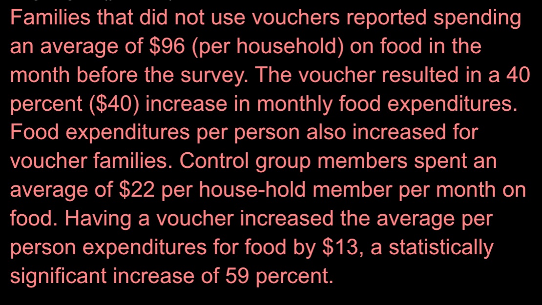 But voucher discrimination isn’t just a housing issue, it’s a food issue. Families and individuals who are able to use their vouchers spend significantly less on rent and, thus, significantly more on food.  https://citeseerx.ist.psu.edu/viewdoc/download?doi=10.1.1.530.3116&rep=rep1&type=pdf