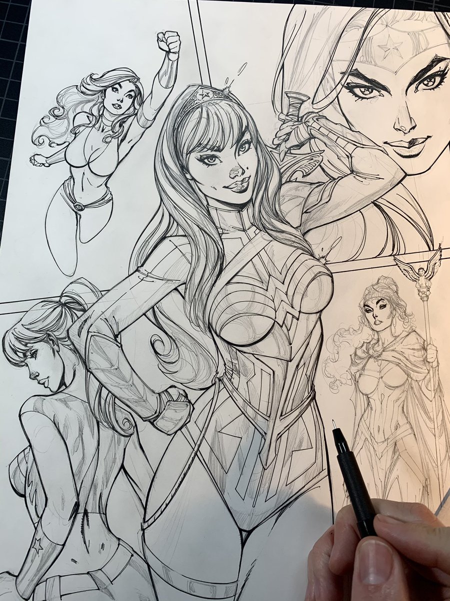 ✏️✒️ Some process shots of my recent #WONDERGIRL cover including prelim, pencils and inks! ⏪Swipe⏪ through to see them all. 