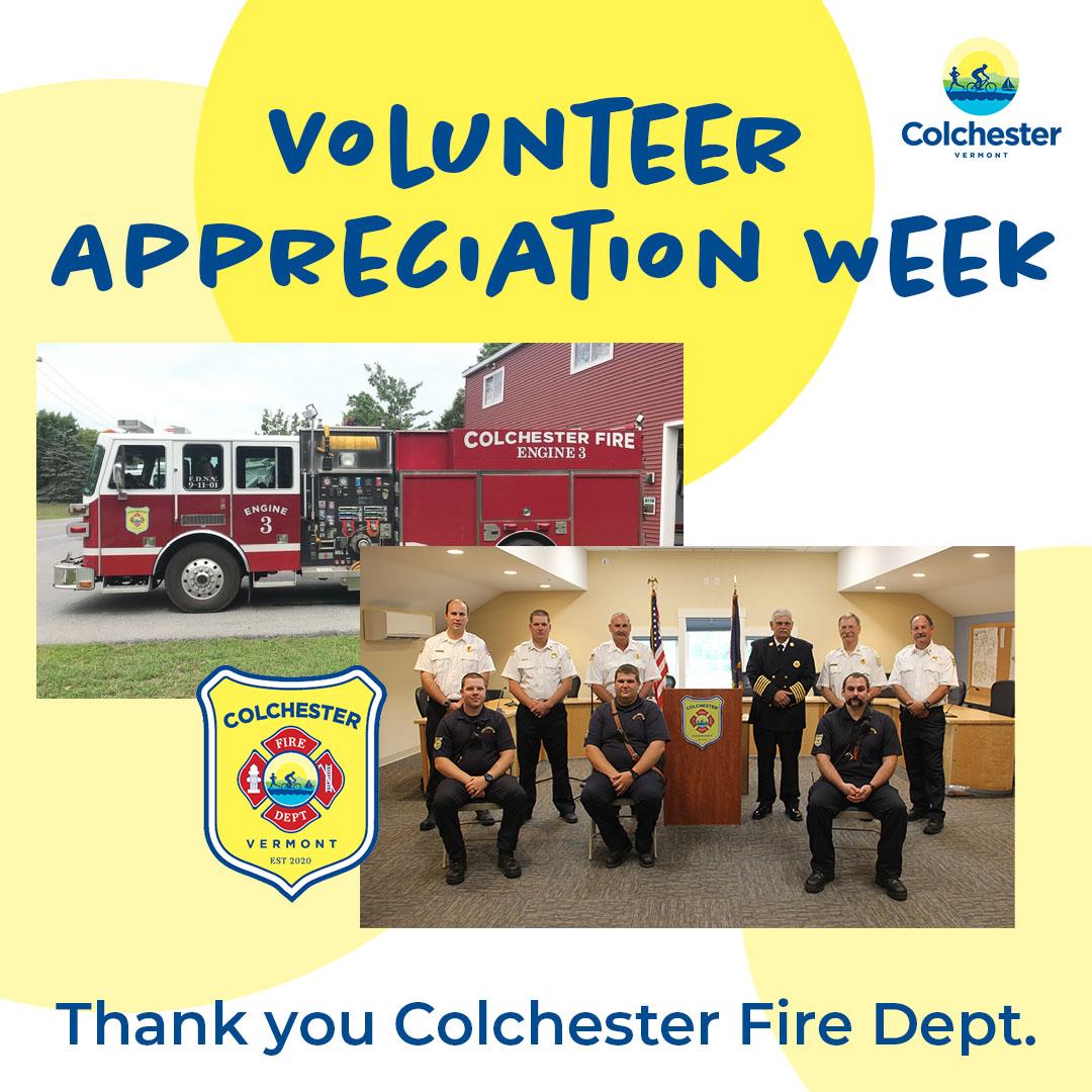 Colchester_VT's tweet image. April 18-24 is Volunteer Appreciation Week - we are thanking all of the amazing, selfless volunteers that provide essential services to residents and help keep the Town of Colchester running. Thank you to the Colchester &amp;amp; St. Michael's Fire Departments! conta.cc/3gvuvgc