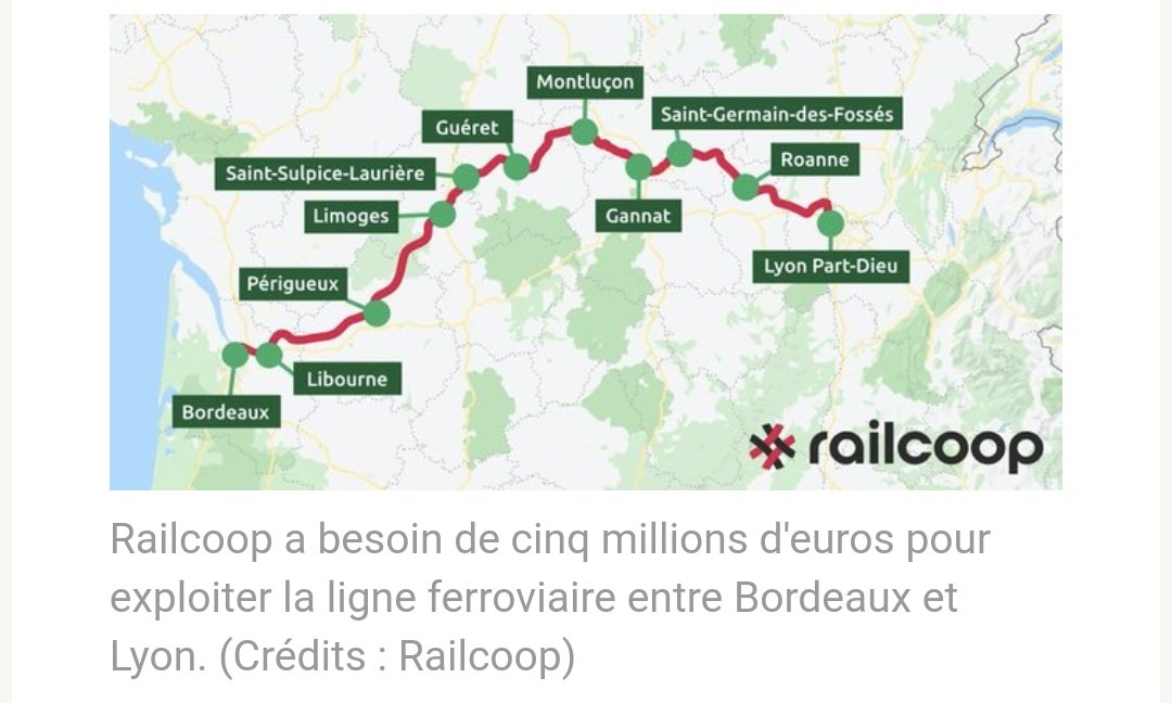 Thread :Et si nous parlions de  #railcoop, la société dite "coopérative" qui veut recréer une relation Bordeaux Lyon par le train, abandonnée depuis 2014. Elle dispose depuis le début de l'année d'une visibilité médiatique très élogieuse qui pose de nombreuses questions.