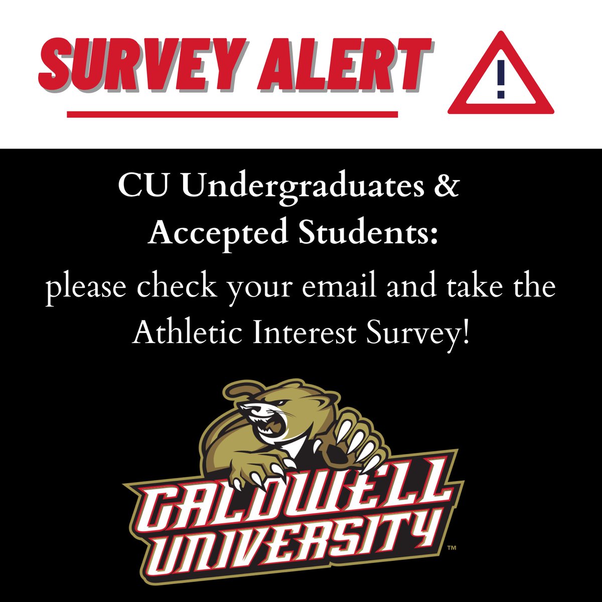 Caldwell University IR (@caldwell_ir) on Twitter photo CU undergraduates and accepted students: please check your email and take the Athletic Interest Survey! It is due by Friday, May 7th <a href="/CaldwellUniv/">Caldwell University</a> <a href="/CaldwellCougars/">Caldwell Athletics</a> CU undergraduates and accepted students: please check your email and take the Athletic Interest Survey! It is due by Friday, May 7th <a href="/CaldwellUniv/">Caldwell University</a> <a href="/CaldwellCougars/">Caldwell Athletics</a>