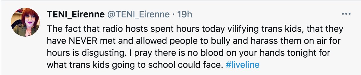 The reaction from the TENI-TRAs was characteristically low-key and measured. Harharhar, NOT. (For the record, there wasn't any bullying or harassment except BY a trans rights activist who had to be taken off the air on  #Liveline for abusing  @anliathluachra)