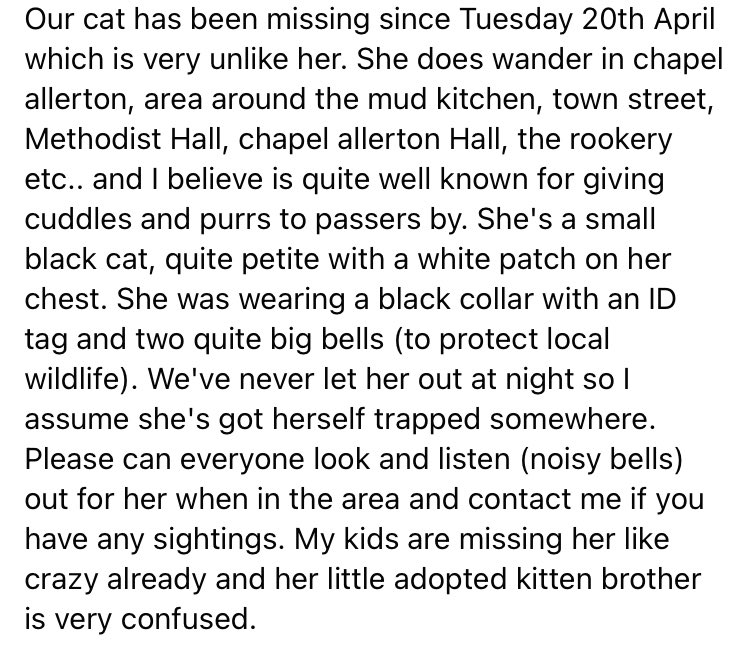 WhiteCrossVets's tweet photo. 🐈‍⬛ Missing in Leeds LS7/LS8 🐈‍⬛

Please keep an eye out for this girl if you’re in the Leeds area. 

Feel free to call our Roundhay practice if you have any info 0113 887 7611 https://t.co/QmNvjlLJXo