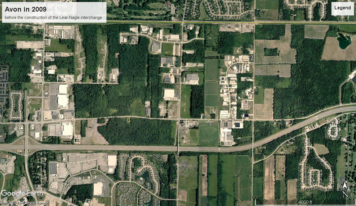 In the article,  @steven_litt identified the debate about Lear-Nagel interchange in Avon as the type of conflict that NOACA is trying to avoid. It's also a cautionary tale about how highway investments enable sprawl. Here's the area before and after the interchange was built.