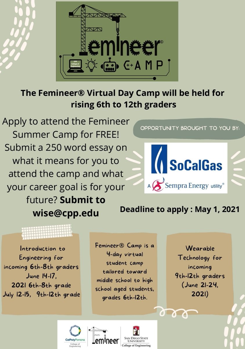 femineer's tweet image. We are so EXCITED to be able to provide this wonderful opportunity to those students in the local community with the help of @socalgas @SoCalGasNews support!! @Femineer_SD #cppfemineer #daycamp #cppengineering