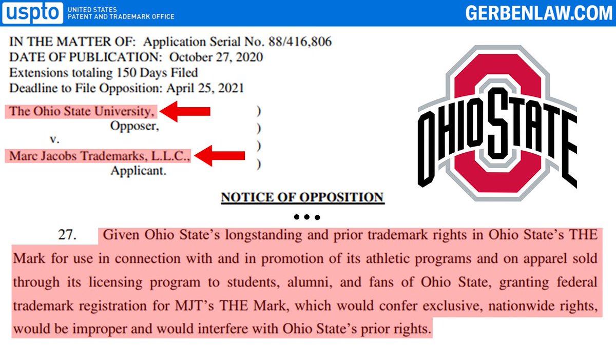 JoshGerben's tweet photo. Ohio State University and Marc Jacobs are now in a legal battle over who owns trademark rights in the word "THE."

@OhioState filed a 'Notice of Opposition' to block Marc Jacobs' trademark filing for the word "THE", claiming that the University is the rightful owner.

#OhioState https://t.co/N0HeB0w89U