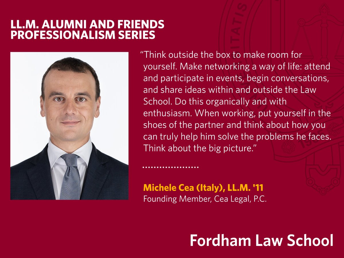 FordhamLawINTL's tweet image. #LLM Alumni and Friends Professionalism Series - Michele Cea (Italy), LL.M. &apos;11
Founding Member, Cea Legal, P.C.

#FordhamLaw #LLMAlumni