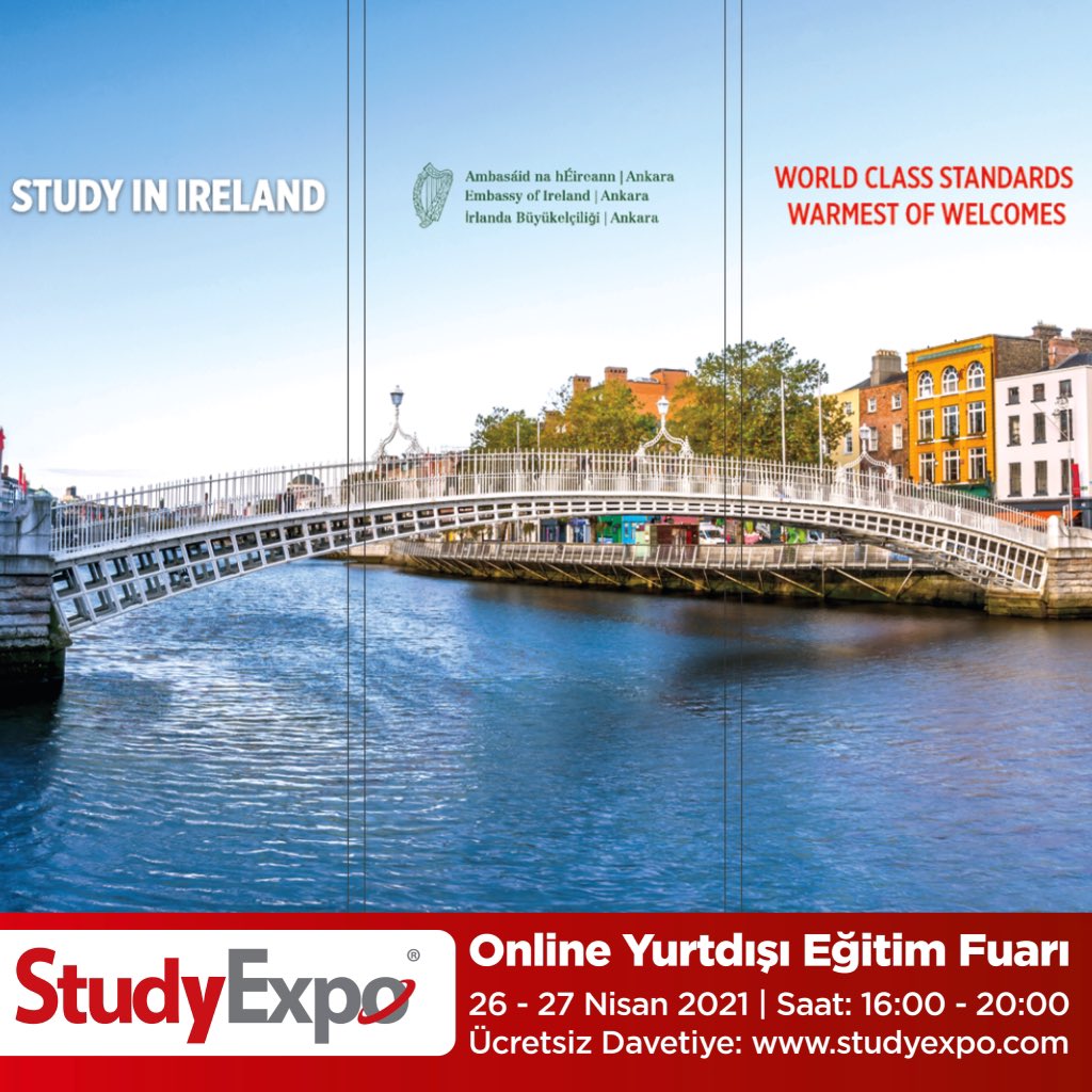 İrlanda Büyükelçiliği, 26-27 Nisan 2021 Pazartesi ve Salı saat 16:00-20:00 arasında StudyExpo’da!
Fuara katılım ücretsiz, kayıt için: studyexpo.com 
#irlanda #irlandadaeğitim #studyexpo #irlandanüyükelçiliği #irlandavize #irlandavizesi #yurtdışıeğitim #irlandadilokulu