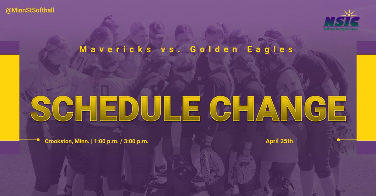 Schedule Change: With poor weather in the forecast Sunday evening, the Mavericks doubleheader at Minnesota Crookston has been moved forward an hour with first pitch now scheduled at 1:00 p.m. in game one. https://t.co/BKYTJ4MTII