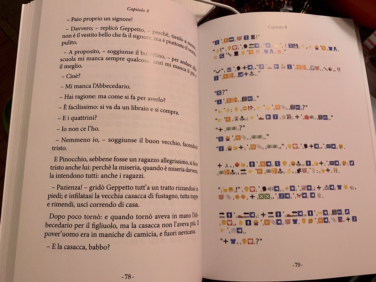 FChiusaroli's tweet photo. «Dopo poco tornò: e quando tornò aveva in mano l'Abbecedario per il figliuolo, ma la casacca non l'aveva più.
- E la casacca, babbo?
- L'ho venduta.
- Perché l'avete venduta?
- Perché mi faceva caldo.»

Nella #GiornataMondialeDelLibro io leggo #Pinocchio in #Emojitaliano 📖🏃‍♂️ https://t.co/O6zp5wQTtD