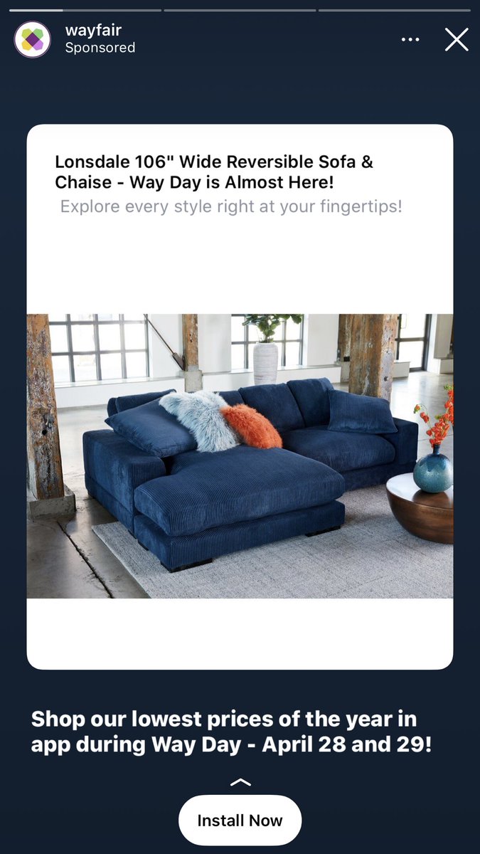 squid___goals's tweet photo. I searched for a velvet navy blue couch on my computer and now every time I go on my phone there’s another one.  Anyway am I basic? https://t.co/qSDqujsv4X