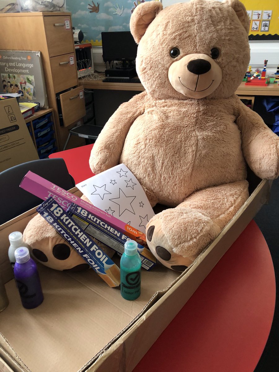 Miss_Kennedy90's tweet photo. Bailey the bear flew into the P1-3 classroom today on his old, tatty rocket. Thankfully the children offered to spruce it up a bit! #talkforwriting #creativehook @LeadhillsS @SLCLiteracy @mrsfrenchlps https://t.co/1PLCa9ExLC