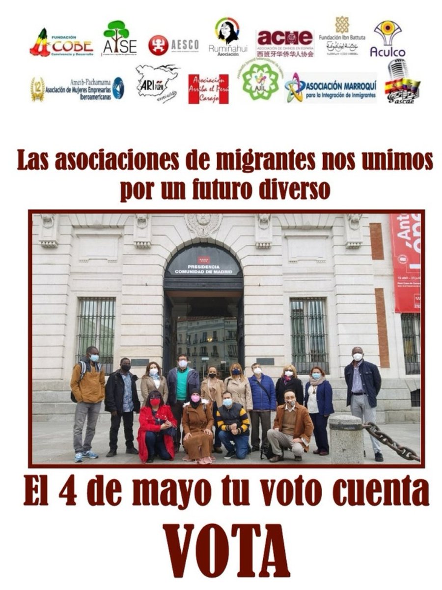 ARI_PERU's tweet photo. #AquiVivoAquiVOTO Desde el Km0#Madrid Asociaciones de Inmigrantes fomentan el Voto el #4Mayo @AsoRuminahui @AculcoMadrid @MUJERenClave @OngAesco @AcobeFundacion @fundacionibn @nancytusuy @ARI_PERU @EFEnoticias @el_pais_madrid @Diario_16 @publico_es @La_SER @aprensamadrid https://t.co/bSFhHcZEzO