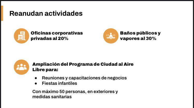 DanielRosas_'s tweet photo. 🟠La #CDMX se mantiene en semáforo naranja “rumbo al amarillo”. 

Reanudan actividades oficinas privadas, baños públicos y se amplía el programa Ciudad al Aire Libre.

Ya se trabaja en reformas para que, pasada la contingencia, se mantenga el home office por lo menos en un 20% https://t.co/FexL0rHw8E