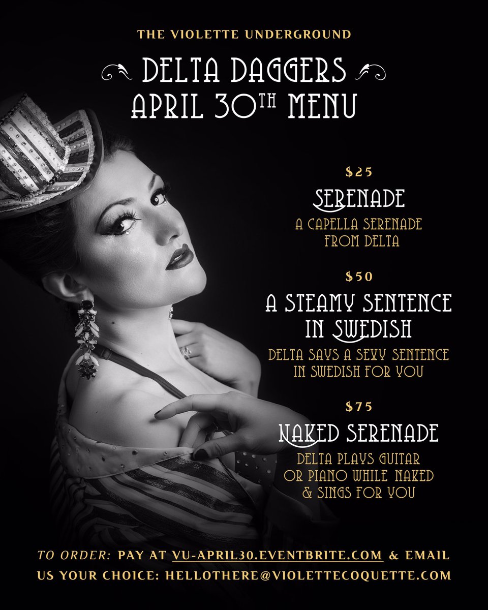 deltadaggers's tweet photo. Here’s a list of all the things I will do for your money - I mean, your entertainment- during the Virtual Violette Underground presented by @VCoquette! 
Menu orders and tickets by-donation at eventbrite.
Don’t wait until it’s too late!

#showtime
#virtualevent 
#burlesque https://t.co/jnUiJCHTn1