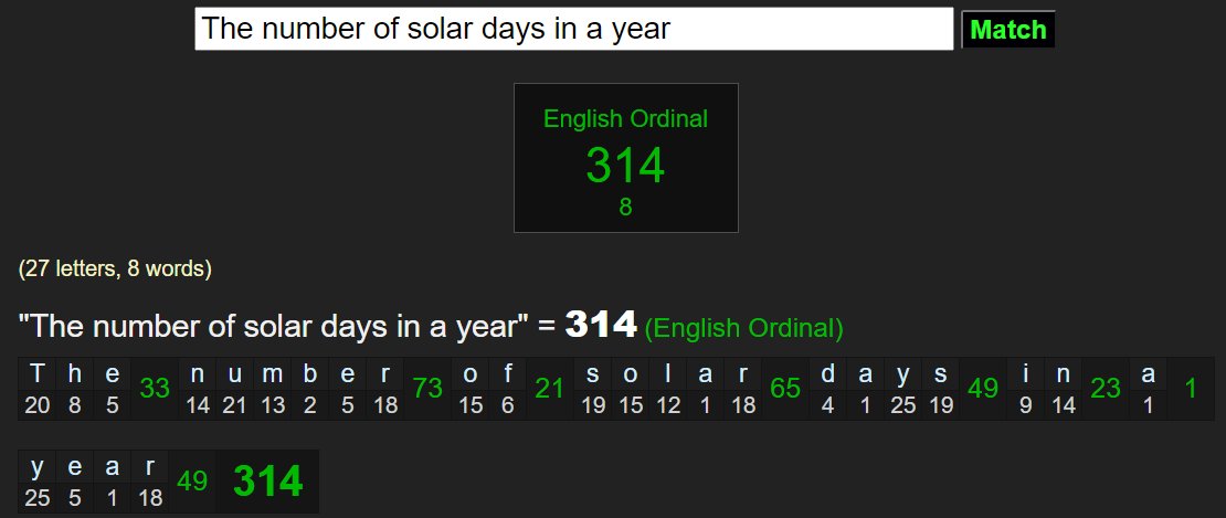 "The number of solar days in a year"= 314  #Gematria