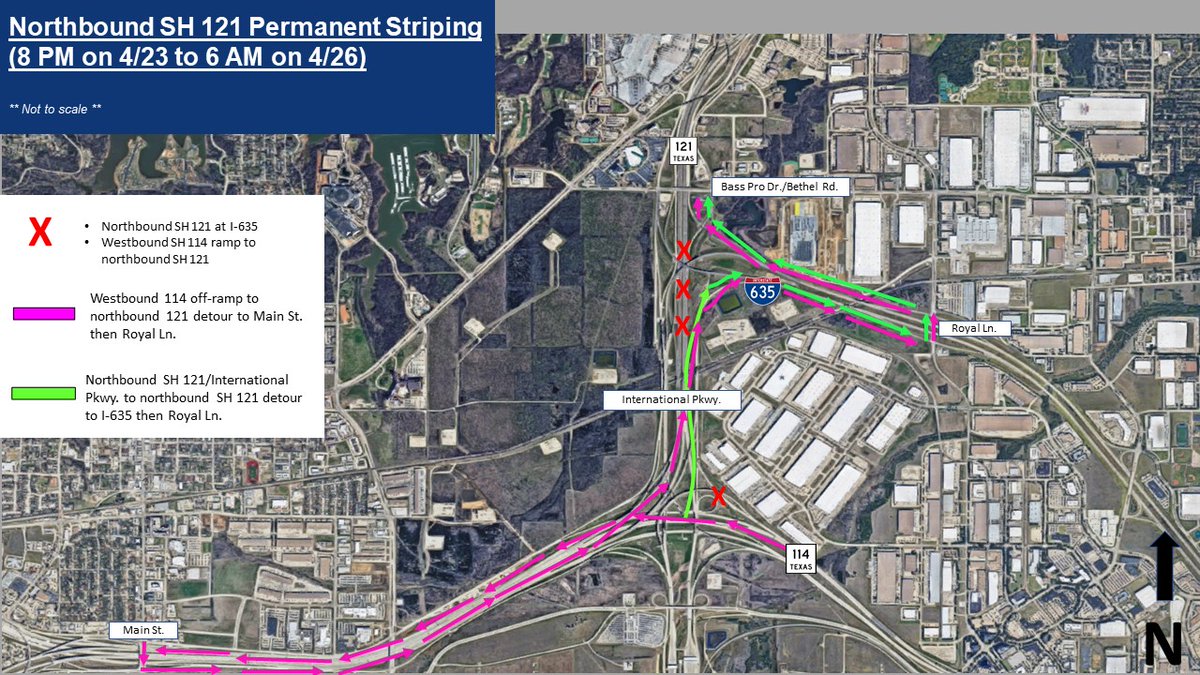 🚧 WEEKEND WORK 🚧 
Permanent Striping on Northbound SH 121 at I-635

Traffic will detour to eastbound I-635, then Royal Ln.

Add time to your commute this weekend if driving through the area!