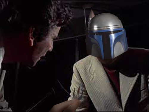 "I'll tell ya, this is a saberdart, laced with poison. Now here's the thing, Mr... uhh, Fett: normally you can't trace these sorts of things, but this one? It's got these cuts on the side - they give it away instantly. Technology these days, huh?"