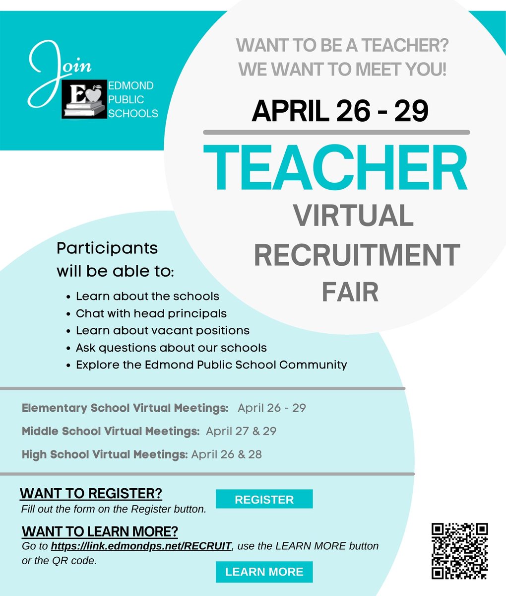 Do you want to teach in Edmond? Have you signed up for our virtual teacher recruitment fair next week? The event will be modeled after a traditional job fair but held entirely online April 26-29. #EPSLeads #oklaed Register here: sites.google.com/edmonds.../rec…