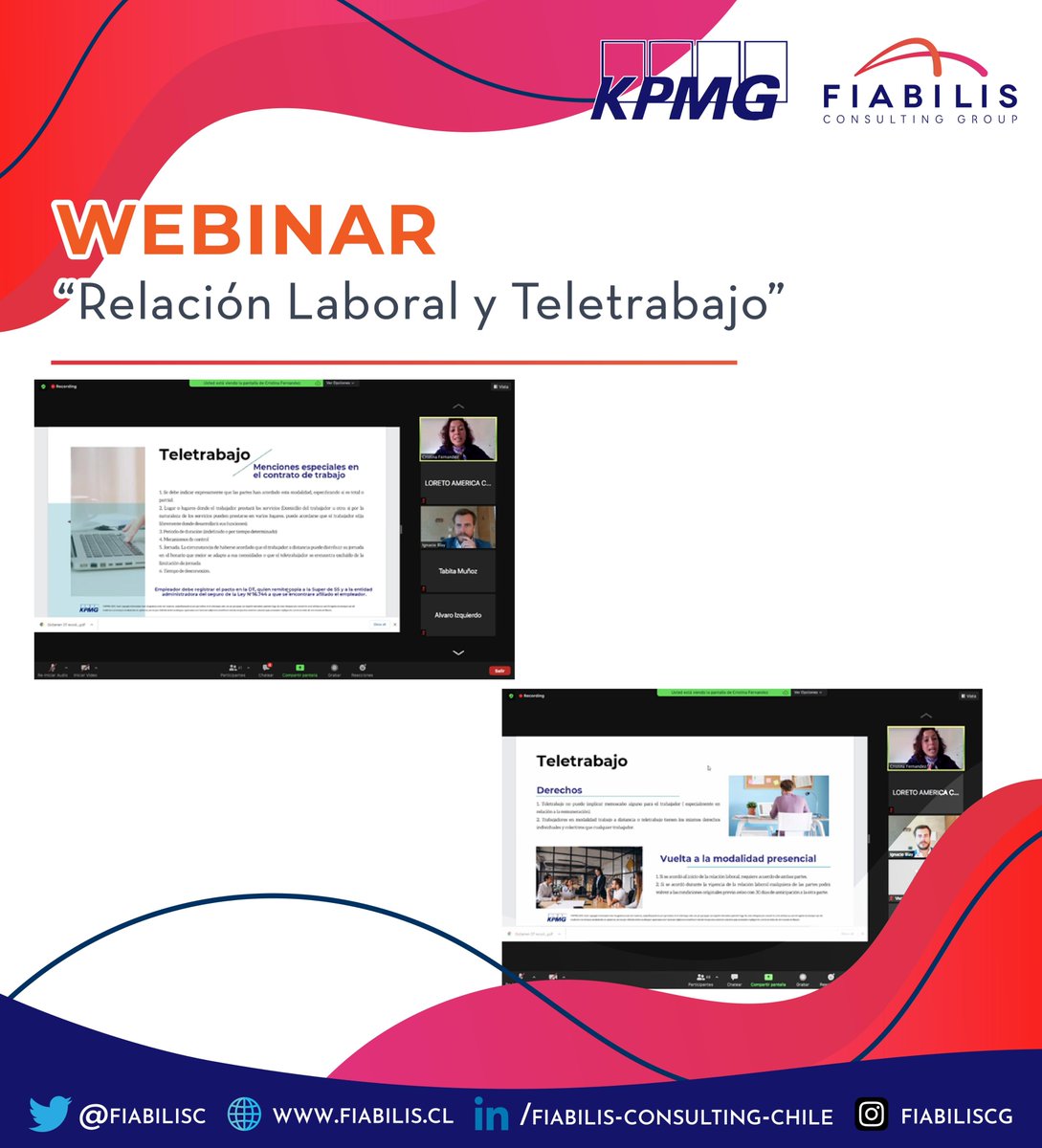 FiabilisChile's tweet photo. En el marco de nuestra alianza con KPMG Chile, una vez más fue posible realizar esta mañana con éxito otro interesante webinar donde abordamos la Relación Laboral y el Teletrabajo, sus alcances, implicancias, derechos y obligaciones en torno a ley 20.220. https://t.co/Nj7kGnyiox