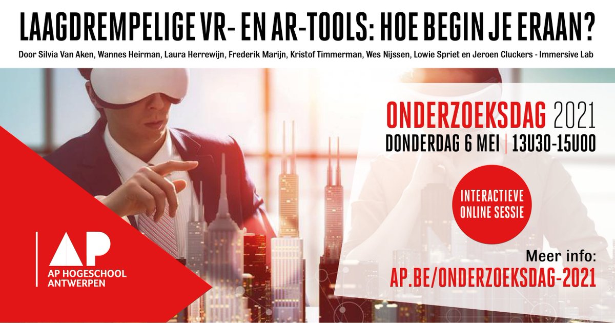 Wil je weten hoe je laagdrempelige VR- en AR-tools kan inzetten voor overheden en non-profitorganisaties? Schrijf je dan nu in voor ons gratis webinar tijdens AP Onderzoeksdag van 6 mei: lnkd.in/dqG2R-P  <a href="/AP_Hogeschool/">AP Hogeschool Antwerpen</a> #immersivelab #VirtualReality #overheid #nonprofit