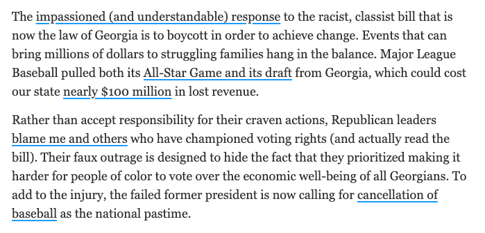 The op-ed Dale and others cite defending Abrams was heavily edited from its original version AFTER the MLB decided to move the All Star game.Paragraph on the left is before, paragraph on the right is AFTER. Clear attempt to cover tracks.Archived here  https://web.archive.org/web/20210331210632if_/https://www.usatoday.com/story/opinion/2021/03/31/voter-suppression-will-corporations-redeem-themselves-column/4820354001/  https://twitter.com/ddale8/status/1385665165341888513