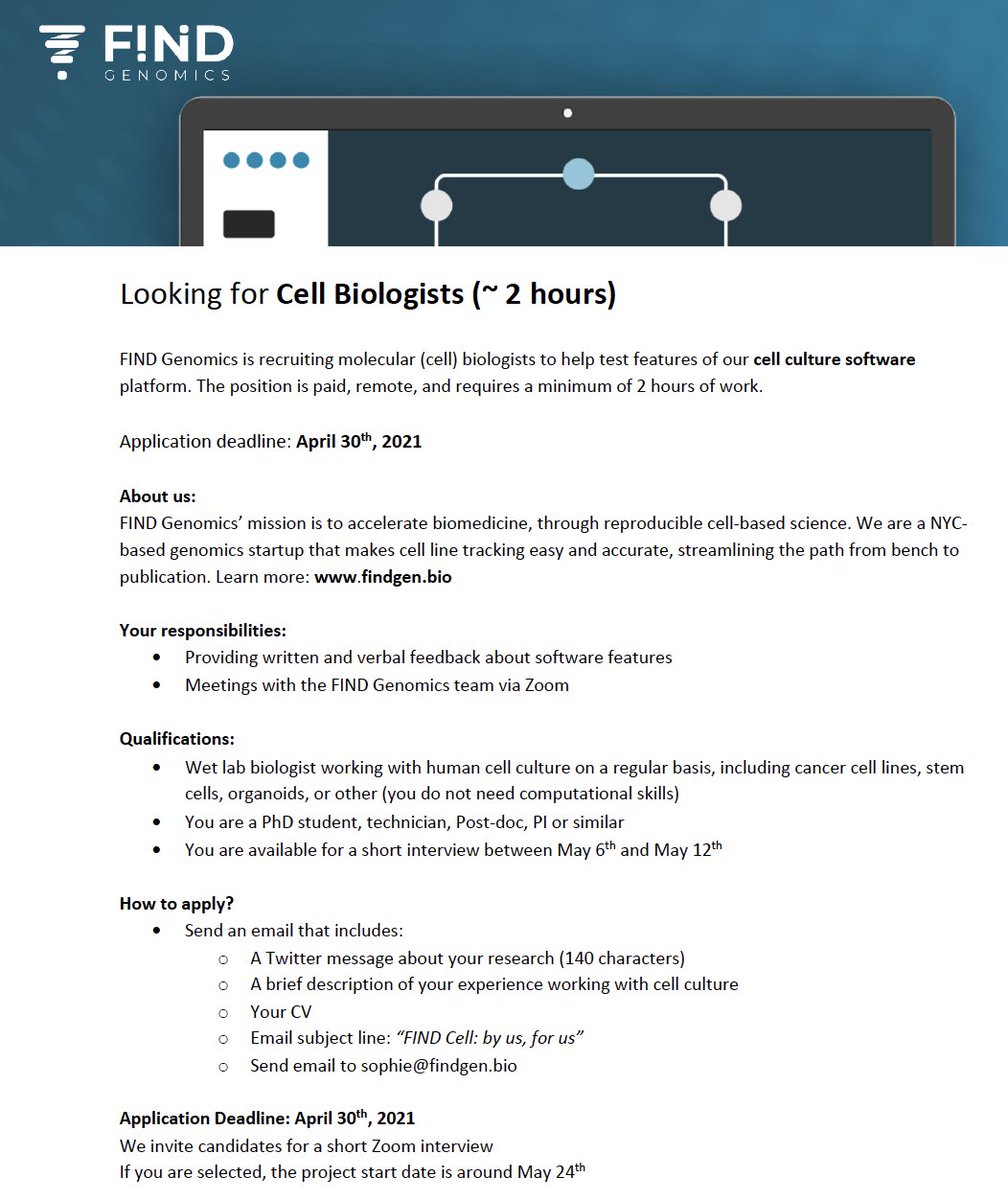 Sophie_Zaaijer's tweet image. Do you: 
...care about reproducible science? 
...care about cell lines? 
...care about a streamlined laboratory workflow to save time? 

Apply for the opportunity below!

Deadline: April 30th

Visit our website for more info: findgen.bio/expert-consult…